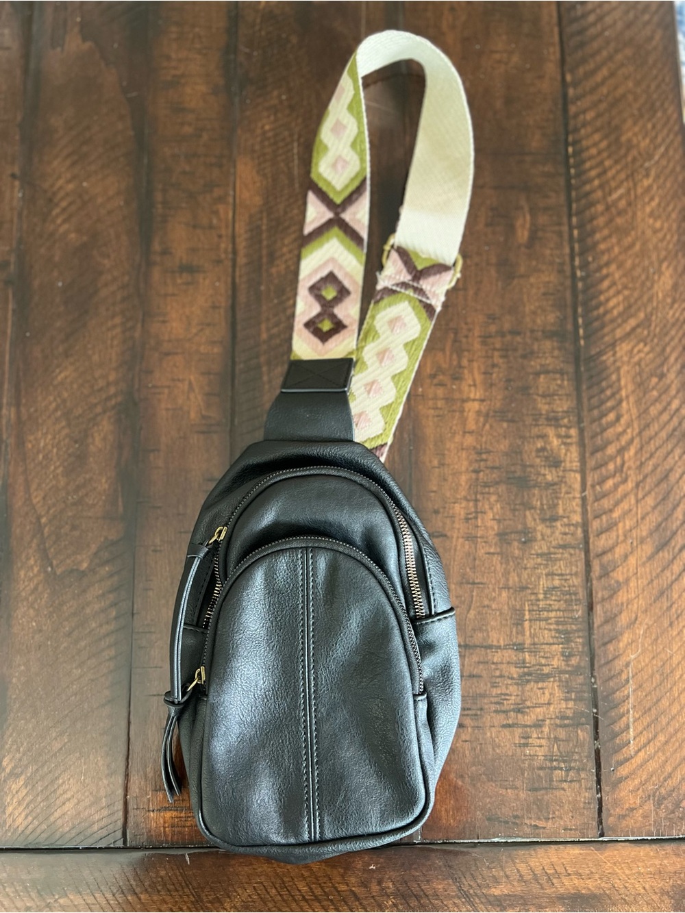 Sonoma Black Faux Leather Sling Bag Crossbody Backpack Woven Adjustable Strap
